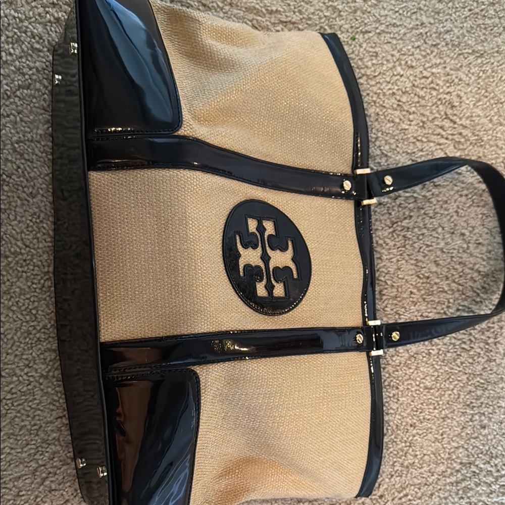 Tory Burch Beige and Black Canvas Tote